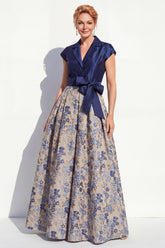 Navy Floral Notched Lapel A Line Mother of the Bride Dress with Bow