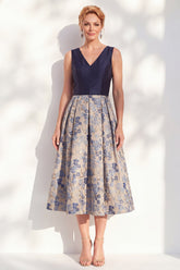 Jacquard Navy Floral A Line Pleated Mother of the Bride Dress