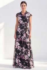 Black Floral A Line Maxi Mother of the Bride Dress with Sash