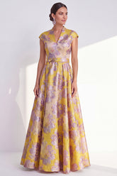 Floral Yellow A Line Maxi Mother of the Bride Dress with Sash