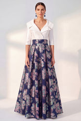 Jacquard Navy Floral Notched Lapel A Line Maxi Mother of the Bride Dress
