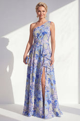 One Shoulder Blue Floral A Line Ruffled Mother of the Bride Dress