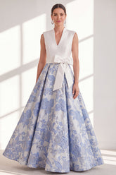 Blue A Line Floral Mother of the Bride Dress with Bow