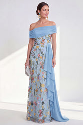 Off the Shoulder Floral Embroidered Blue Maxi Mother of the Bride Dress