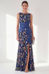 Navy Floral Embroidered Mermaid Ruched Mother of the Bride Dress