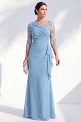 Mermaid Ruched Embroidered Blue Maxi Mother of the Bride Dress