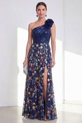 One Shoulder Navy 3D Flower Sequin Maxi Mother of the Bride Dress