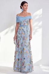 Off the Shoulder Ruched Embroidered Blue A Line Mother of the Bride Dress