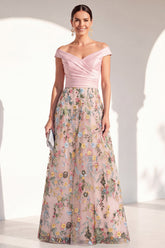 Off the Shoulder Ruched Floral Blush A Line Mother of the Bride Dress