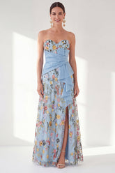 Strapless Blue Floral A Line Ruffled Maxi Mother of the Bride Dress
