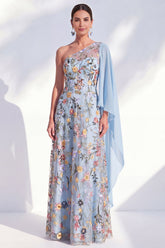 One Shoulder Blue Floral A Line Maxi Mother of the Bride Dress