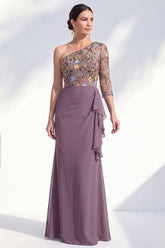 Mermaid Grey Purple One Shoulder Floral Ruffled Mother of the Bride Dress