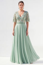 Green Half Sleeve A Line Maxi Mother of the Bride Dress
