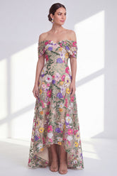 Off the Shoulder High Low Floral A Line Light Khaki Mother of the Bride Dress
