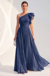 Sparkly One Shoulder Navy A Line Pleated Mother of the Bride Dress