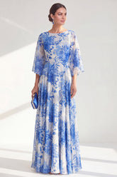 Blue Printed A Line Maxi Mother of the Bride Dress with 3/4 Sleeves