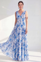 Blue Printed A Line V Neck Mother of the Bride Dress