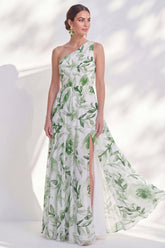 Green One Shoulder Printed Ruched A Line Mother of the Bride Dress