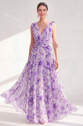 Printed Purple Ruched A Line Maxi Mother of the Bride Dress