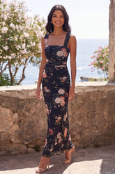 Square Neck Black Floral Wedding Guest Dress