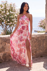 Halter Floral Pink A Line Wedding Guest Dress with Slit