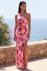 One Shoulder Cut Out Floral Pink Wedding Guest Dress