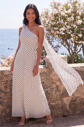 One Shoulder A Line White Black Polka Dot Dress with Sash