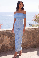 Off the Shoulder Blue Appliqued Wedding Guest Dress