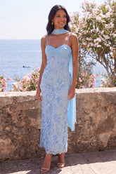 Blue Floral Lace Ruched Wedding Guest Dress with Scarf