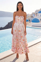 Strapless A Line Pink Floral Wedding Guest Dress
