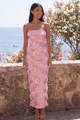 Strapless Pink 3D Flower Sheath Wedding Guest Dress