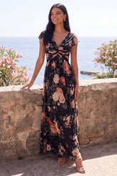 Floral Black V-Neck Wedding Guest Dress with Twist Front