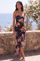 Strapless Black Floral High Low Wedding Guest Dress
