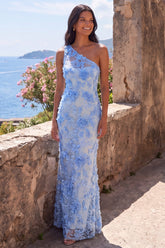 One Shoulder Blue Floral Mermaid Wedding Guest Dress