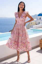 Floral Pink Appliqued V-Neck A Line Midi Wedding Guest Dress