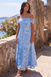 Off the Shoulder Blue Floral A Line Wedding Guest Dress