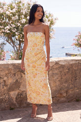 Strapless Yellow Floral Sheath Wedding Guest Dress