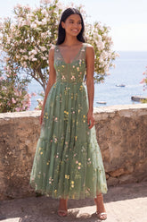 Corset Dusty Sage Embroidered A Line Wedding Guest Dress