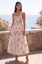 Ivory Floral Embroidered Corset Sweetheart Wedding Guest Dress