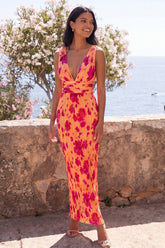 Orange V-Neck Floral Pleated Wedding Guest Dress
