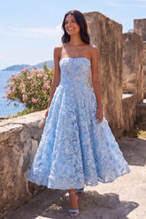 Strapless Floral Lace Blue A Line Wedding Guest Dress