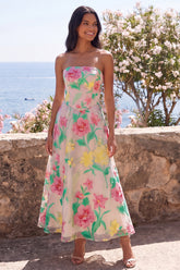 Strapless Daffodil Pink Floral A Line Wedding Guest Dress