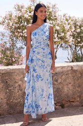 One Shoulder Blue Floral Wedding Guest Dress with Side Streamer