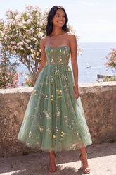 Strapless Dusty Sage A Line Embroidered Floral Midi Dress