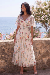 Floral V-Neck Embroidered Ivory A Line Midi Dress