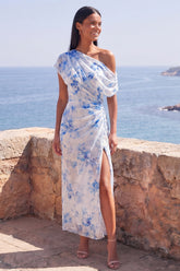 One Shoulder Blue Floral Wedding Guest Dress with Slit