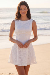 Floral A Line Bateau Neck Mini White Dress