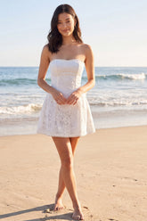 Strapless Floral A Line Mini White Dress with Pearls