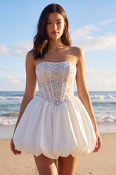 Strapless Corset Beaded A Line Mini White Dress with Rhinestones