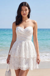 Strapless Ruched Tiered A Line Floral Mini White Dress
